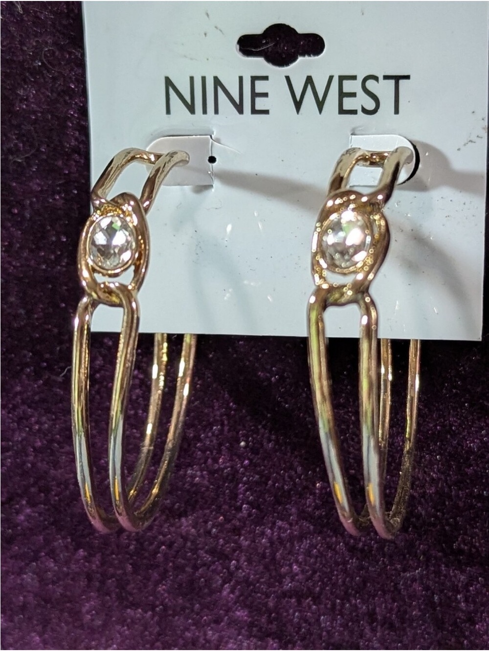 NINE WEST Gold Tone Hoop Clear Rhinestone Post Pierced Earrings Lever Back